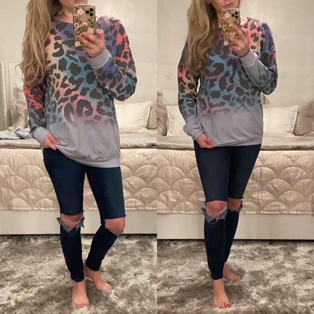 Cheetah Rainbow Stretch Pullover Top. SM